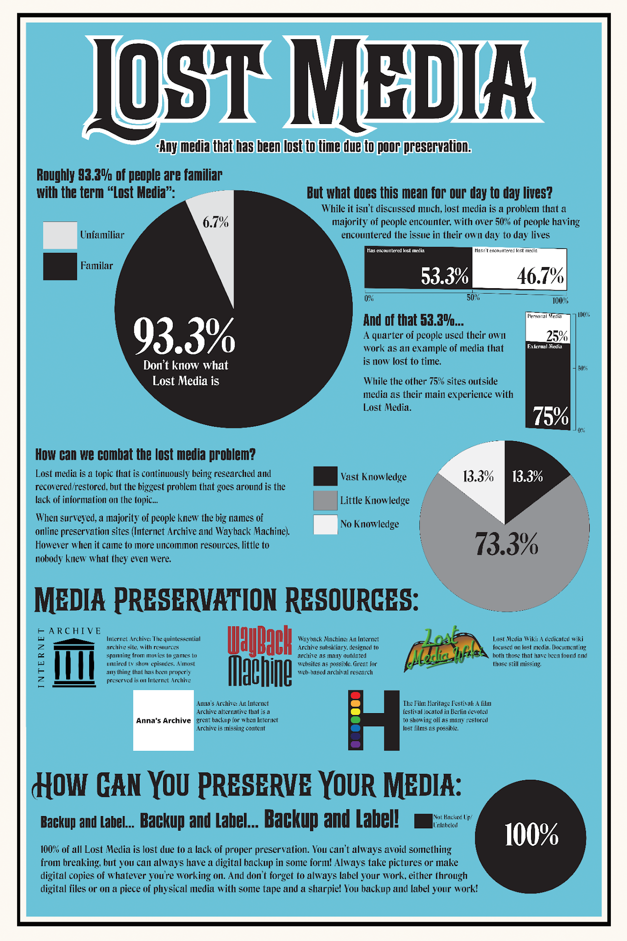 Back Side of Lost Media Poster, this side includes statistics for who knows about lost media and reccomendations for where to find Lost Media